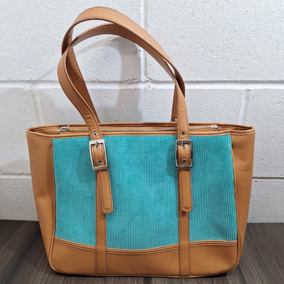 Bath & Body Works Teal Corduroy Tan Faux Leather Tote Shoulder Bag Buckle Accent - Picture 2 of 15
